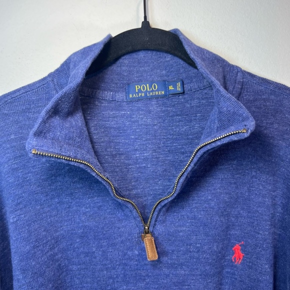 Polo Ralph Lauren Men's Quarter Zip Pullover Sweater Blue Heather Red Pony Sz XL - Picture 3 of 13